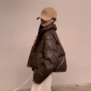 美式免洗PU皮羽绒棉服女超短款立领加厚小个子面包服冬外套反季潮