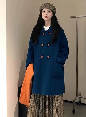 蓝色翻领双排扣毛呢外套女秋冬季气质休闲显瘦减龄中长款呢子大衣