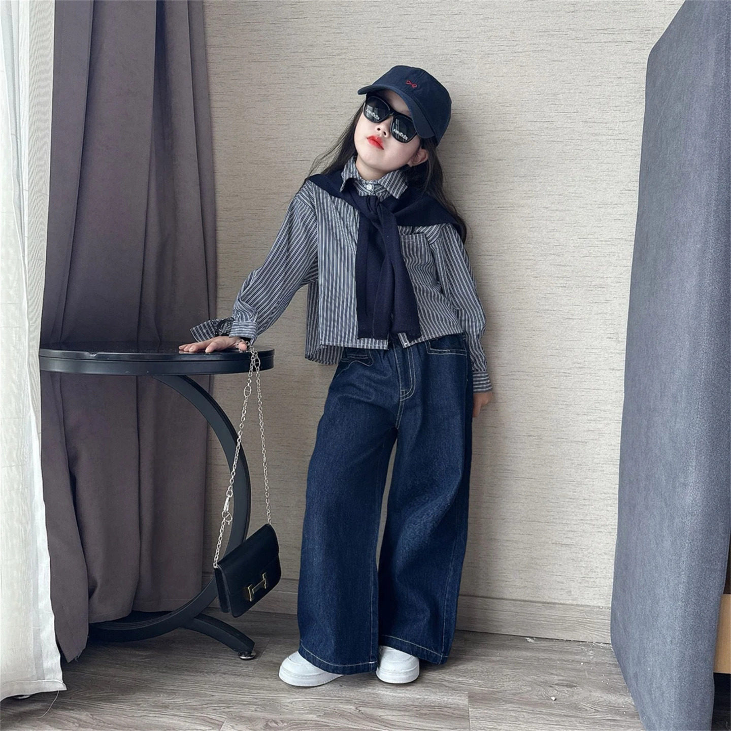 女童秋装条纹衬衫披肩套装202套装