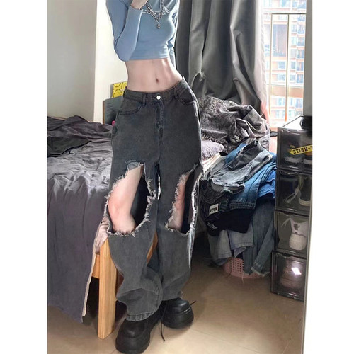 辣妹破洞宽松直筒牛仔裤