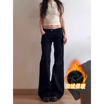 加绒黑色宽松百搭微喇叭牛仔裤