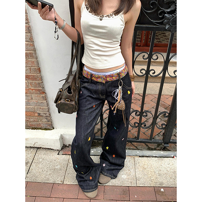 美式复古低腰拼接刺绣牛仔裤