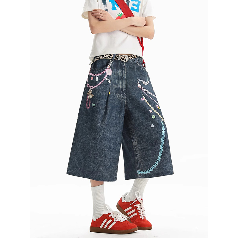 美式宽松3D彩色印花牛仔短裤