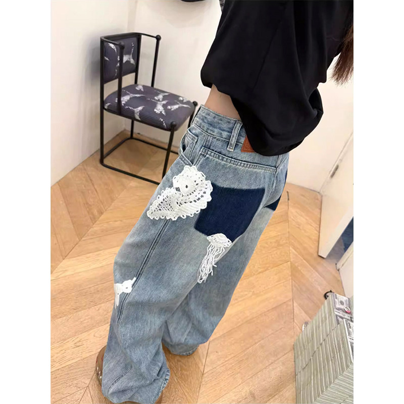美式复古水洗绣花贴布牛仔裤女2026夏季新款高腰宽松直筒阔腿裤子