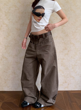 美式个性横口袋弯刀牛仔裤女2026春季新款复古宽松直筒阔腿裤子