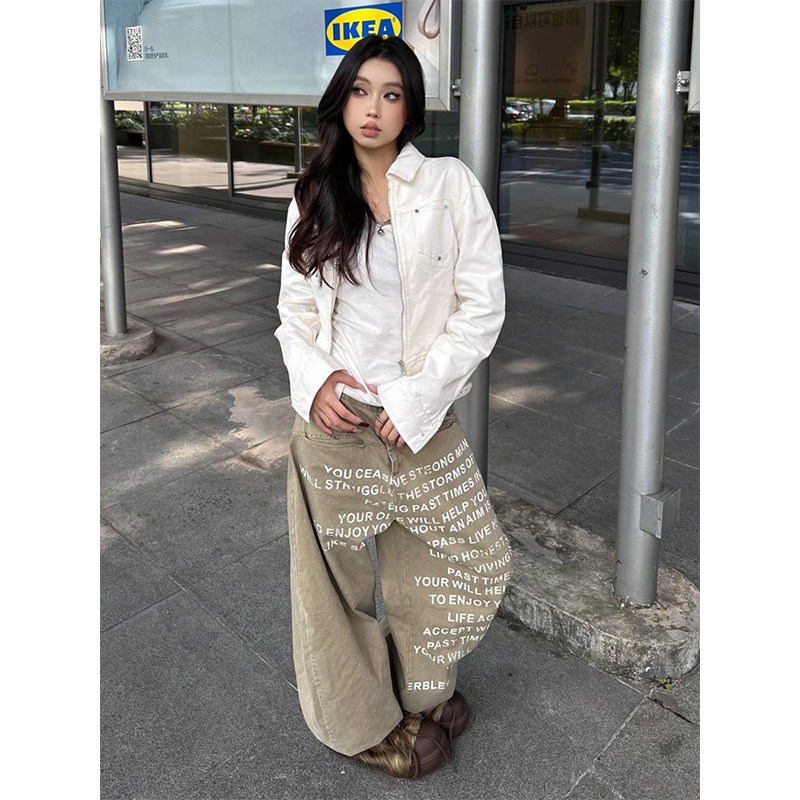 美式复古宽松英文印花弯刀牛仔裤女2025秋季新款直筒阔腿长裤子,女装/女士精品,牛仔裤,淘宝优惠券,粉丝福利购,淘宝优惠卷