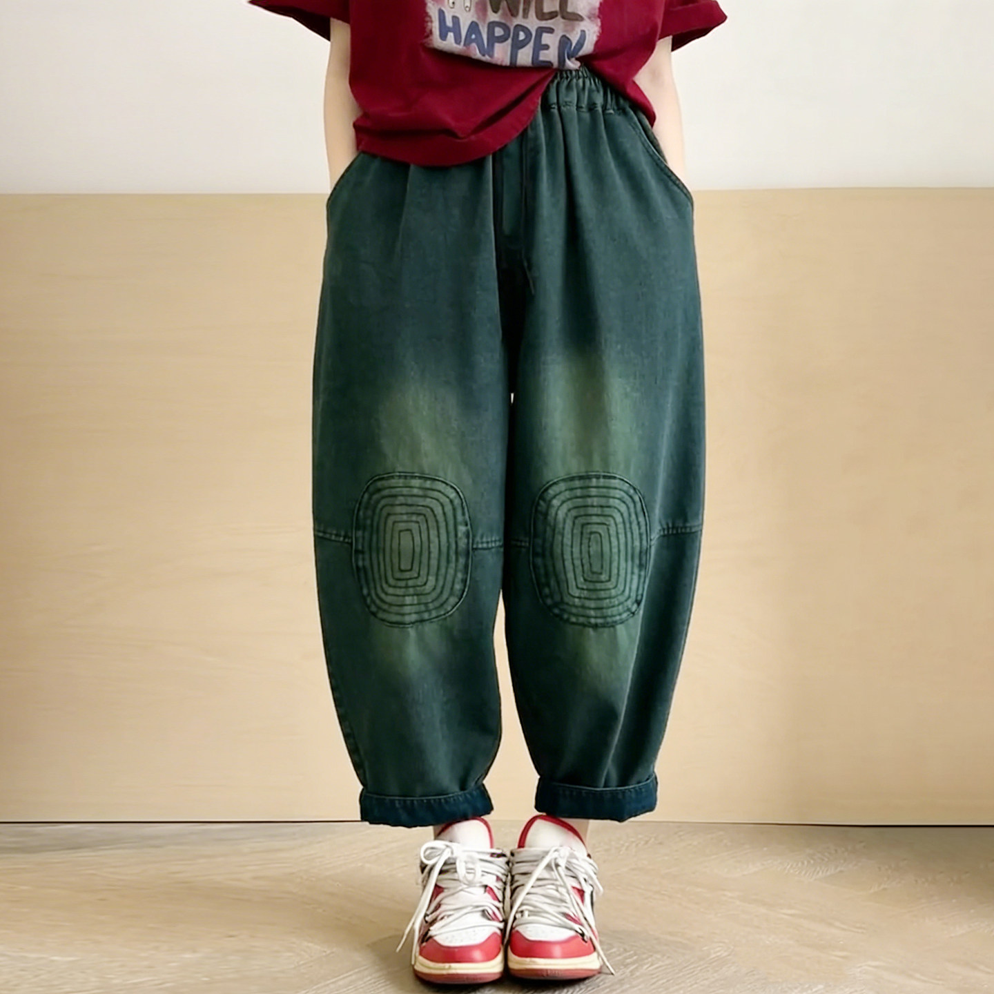 春夏季新款复古高腰牛仔哈伦裤女松紧腰宽松遮肉显瘦大码休闲垮裤
