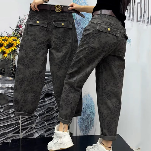 豹纹牛仔九分哈伦气球裤女显高