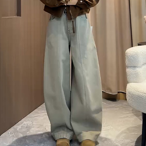 秋季新款高腰显瘦遮胯阔腿牛仔裤