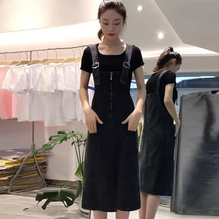 2023夏季新款中长款背带裙女大码连衣裙子减龄短袖时尚牛仔裙子