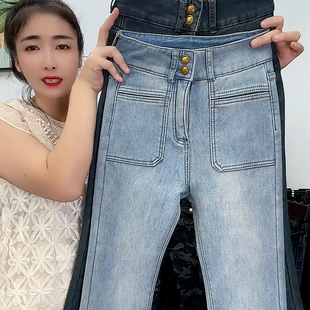 加绒加厚喇叭裤浅蓝色水泥灰2025年冬新款女装高腰弹力显瘦牛仔裤