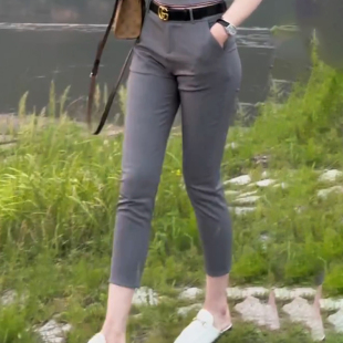 灰色高腰休闲小脚九分裤女夏季职业女性时尚百搭气质弹力舒适裤子
