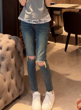 高腰显瘦复古破洞小脚牛仔裤