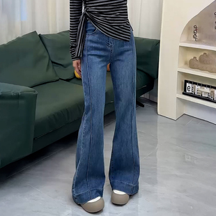 蓝色高腰修身弹力微喇牛仔裤女款2026年春季新款小个子大码喇叭裤