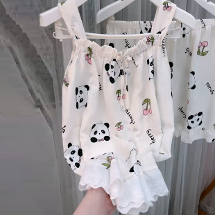 韩版吊带褶皱宽松卡通短衣短裤家居套装女2026夏季淑女风减龄睡衣