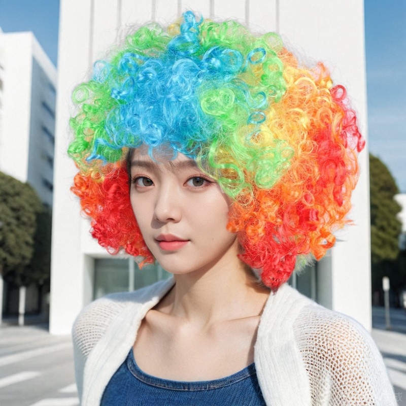 彩发色爆炸头套搞笑小丑表演直播道具彩色头发套成人球迷假发男女