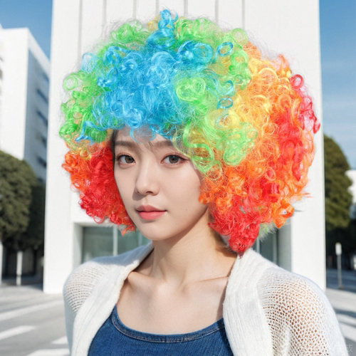 彩发色爆炸头套搞笑小丑表演直播道具彩色头发套成人球迷假发男女