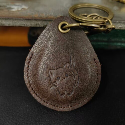 复古手工真皮水滴猫咪钥匙扣