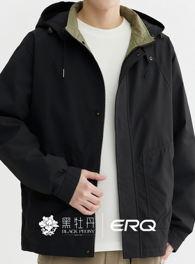 ERQ男士防风软壳夹克户外休闲连帽宽松秋季美式男款外套经典工装