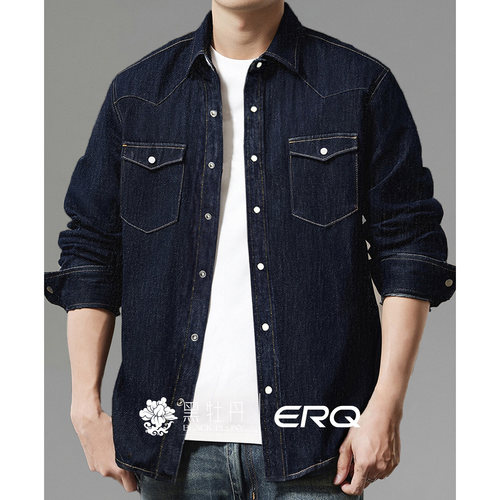 ERQ[活性染棉麻]美式复古牛仔男士四季衬衫外套休闲经典