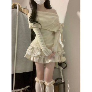 纯欲一字肩毛衣上衣女高腰蓬蓬裙蛋糕裙女秋冬新套装两件套学院风