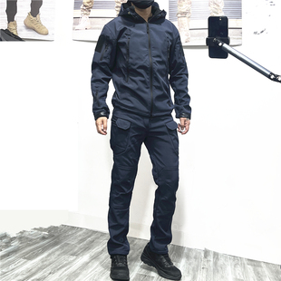 秋冬男女户外鲨鱼皮保暖蓝色套装加绒软壳大码防水防风冲锋衣登山
