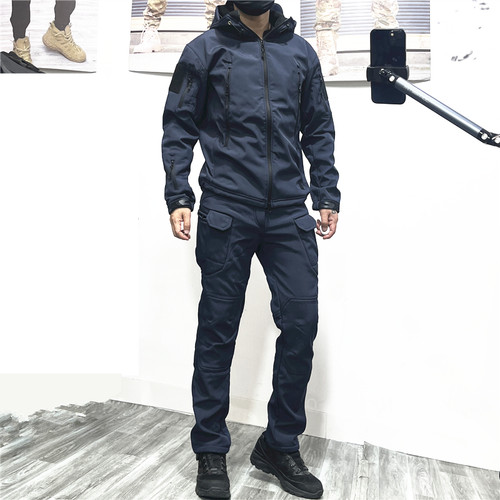 秋冬男女户外鲨鱼皮保暖蓝色套装加绒软壳大码防水防风冲锋衣登山