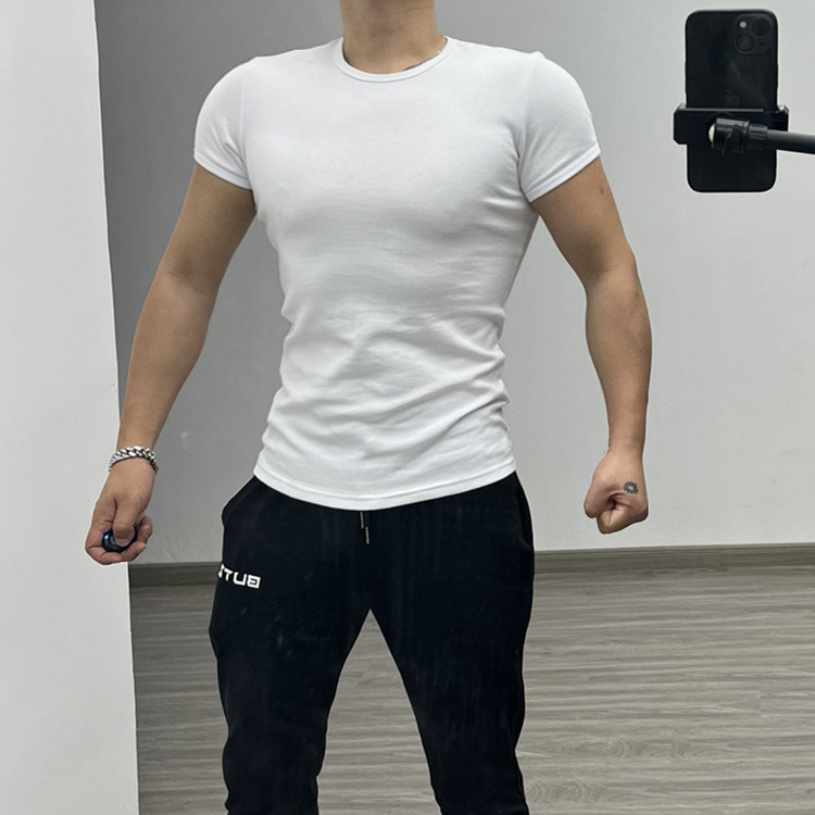 男女运动修紧身衣纯棉弹力翻领半短袖T恤健身白色POLO圆领显肌肉