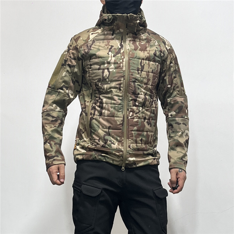 秋冬户外战术薄棉服男保暖防风防泼水连帽外套冲锋衣迷彩夹克修身