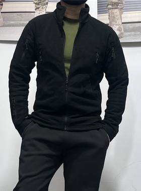 春秋男户外战术抓绒衣保暖摇粒绒开衫冲锋衣内胆弹力修身外套黑色