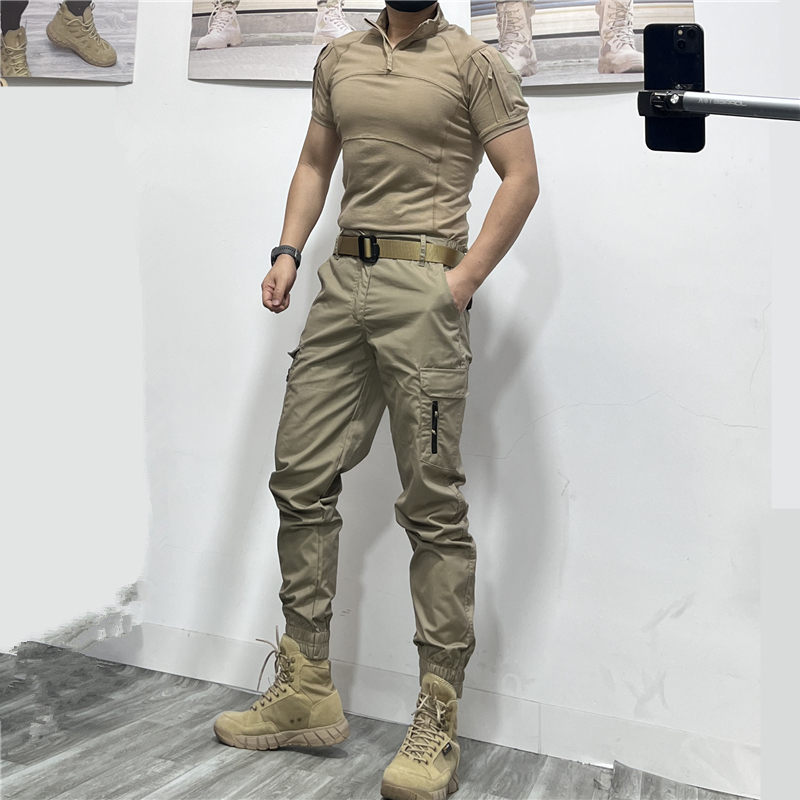 春夏男卡其户外战术短袖套装蛙服弹力修身健身T恤耐磨束脚小脚裤