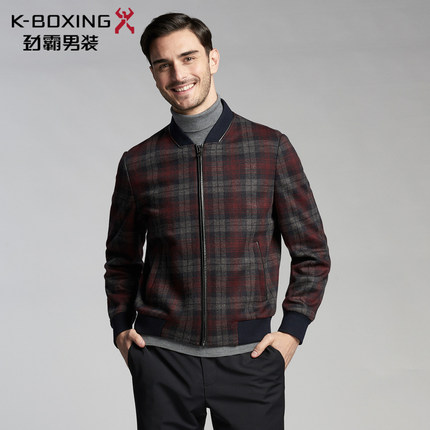 【专柜新品】劲霸时尚拼皮针织格纹薄毛呢茄克|BBWV3110