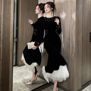 重要场合高定赫本风钉珠礼服连衣裙修身 显瘦高级感优雅气质鱼尾裙