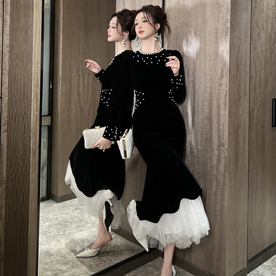 钉珠鱼尾连衣裙赫本风