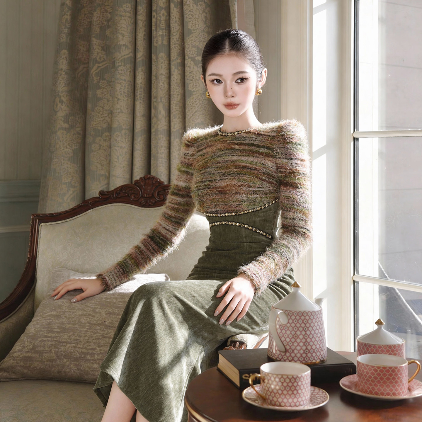 复古风镶钻港味显身材长袖连衣裙女名媛气质掐腰显瘦修身鱼尾裙子,女装/女士精品,连衣裙,淘宝优惠券,粉丝福利购,淘宝优惠卷