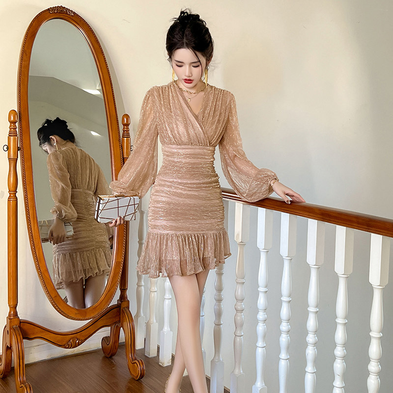 性感名媛绝美荷叶边连衣裙短款女褶皱修身超好看独特包臀网纱裙子,女装/女士精品,连衣裙,淘宝优惠券,粉丝福利购,淘宝优惠卷