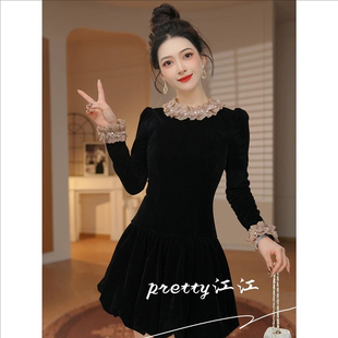 法式韩系千金风黑色连衣裙女新款收腰显瘦御姐感黑色丝绒花苞裙子
