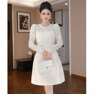 精致漂亮千金风蕾丝长袖连衣裙女约会显高小个子穿搭收腰显瘦裙子
