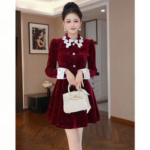 新年穿搭重要场合礼服连衣裙女装亮闪闪宴会名媛风polo领a字短裙