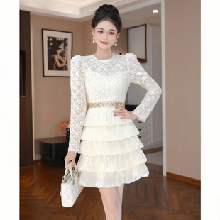 小洋装富家千金巨好看蕾丝连衣裙女精致名媛风收腰显瘦长袖蛋糕裙