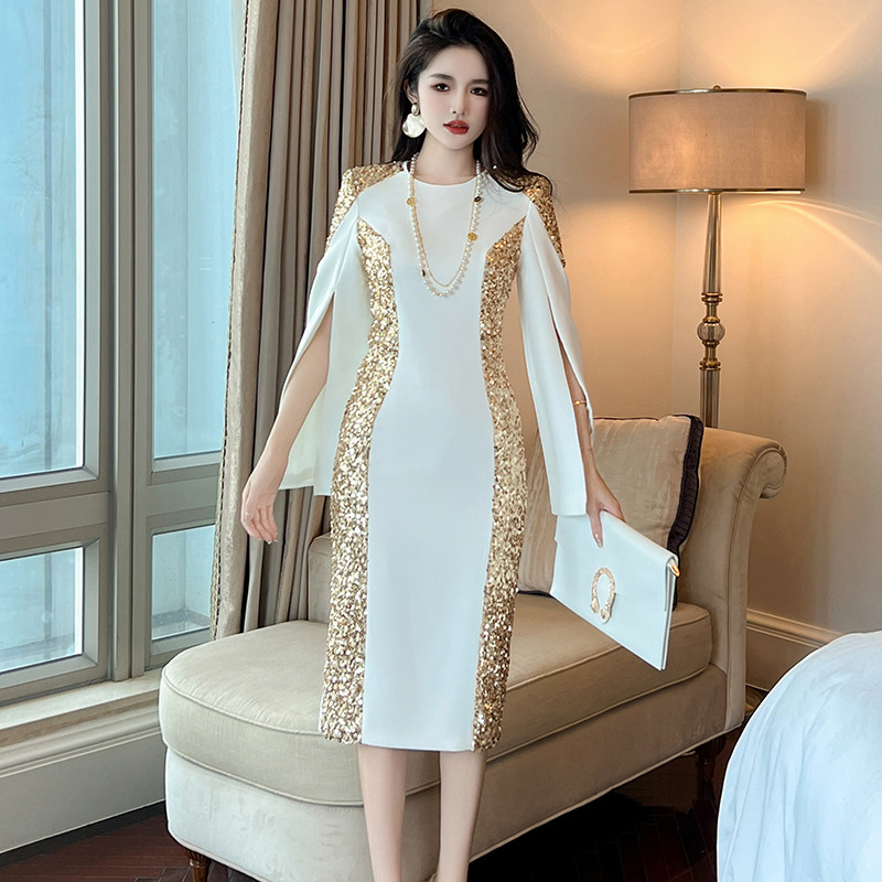 独特高级感拼接亮片白色连衣裙正式场合宴会女神范气质长袖包臀裙