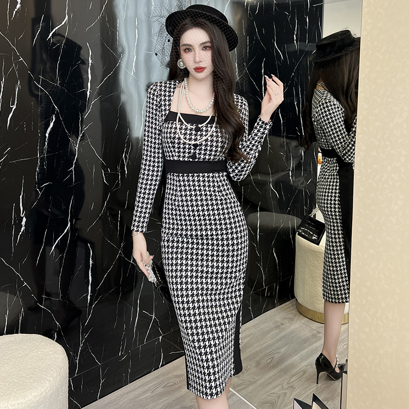 黑白格子连衣裙修身包臀