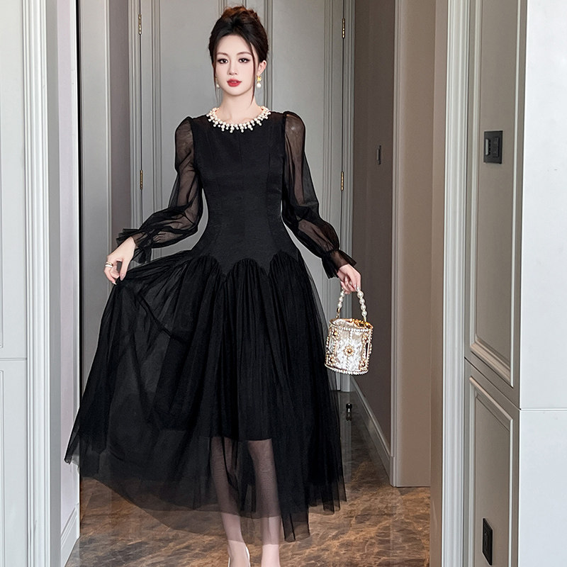 欧根纱拼接收腰年会晚礼服高级感宴会穿搭名媛风气质长袖连衣裙女