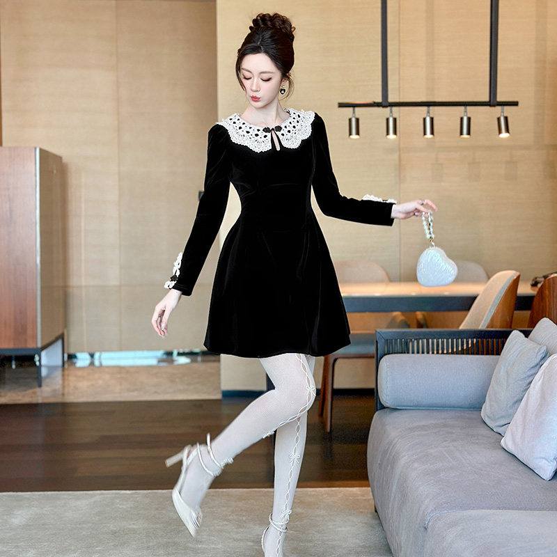 欧洲站生日party平时可穿小礼服秋冬高腰显瘦千金风气质小黑裙女