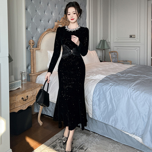 重要场合高级感鱼尾连衣裙女装优雅轻奢名媛风黑色礼服修身长裙子