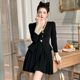 欧洲站港风高级感独特假两件百褶连衣裙法式 复古小个子收腰小黑裙