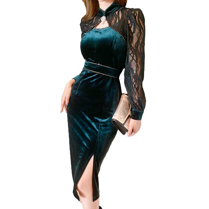 法式复古墨绿色晚小礼服女生日party宴会气质拼接蕾丝镂空连衣裙