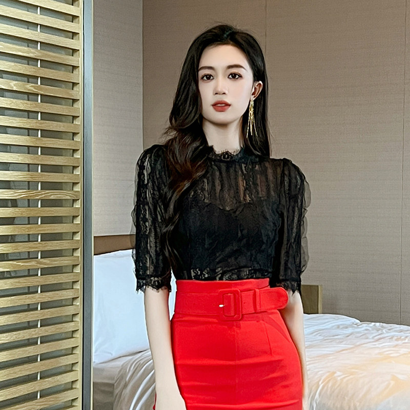 性感透视假两件蕾丝衫