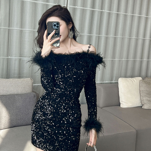 宴会晚宴生日派对小礼服平时可穿黑色羽毛一字肩吊带包臀连衣裙女