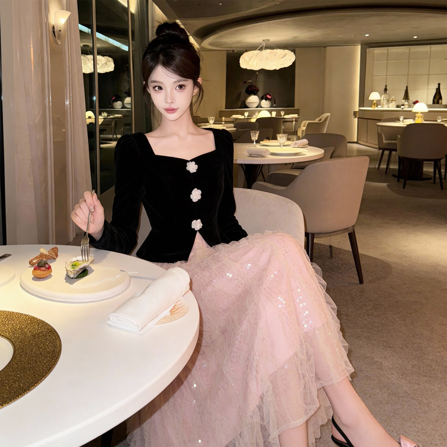 撞色拼接公主风亮片网纱连衣裙约会穿搭超好看收腰显瘦设计师裙子